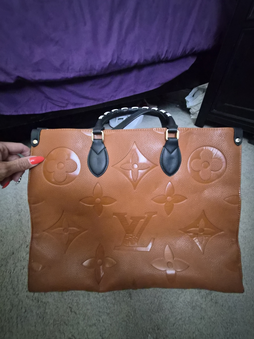 Tan Embossed Logo Tote with Black Handles